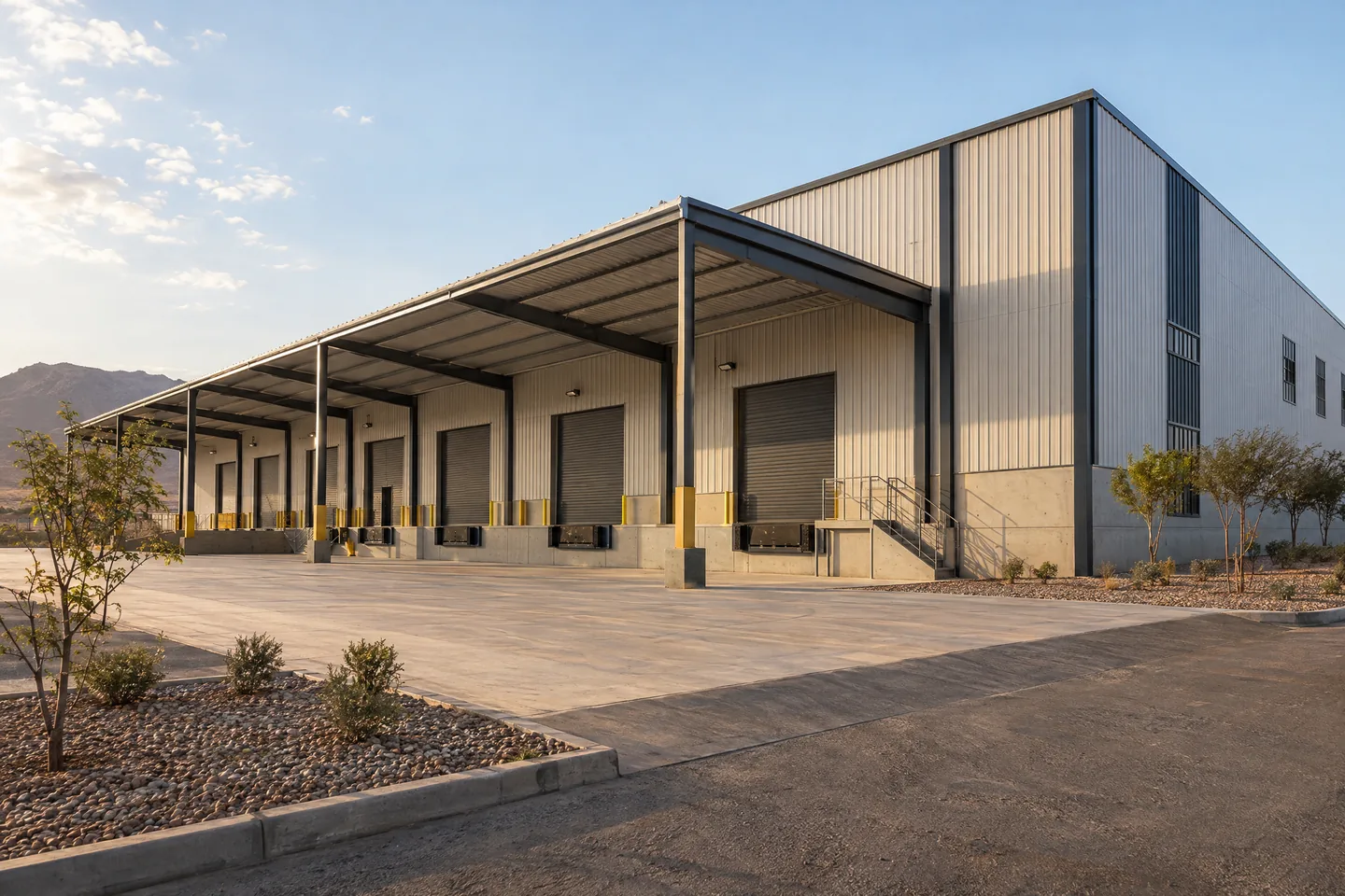 Illustrative steel warehouse frame, not a WASS project